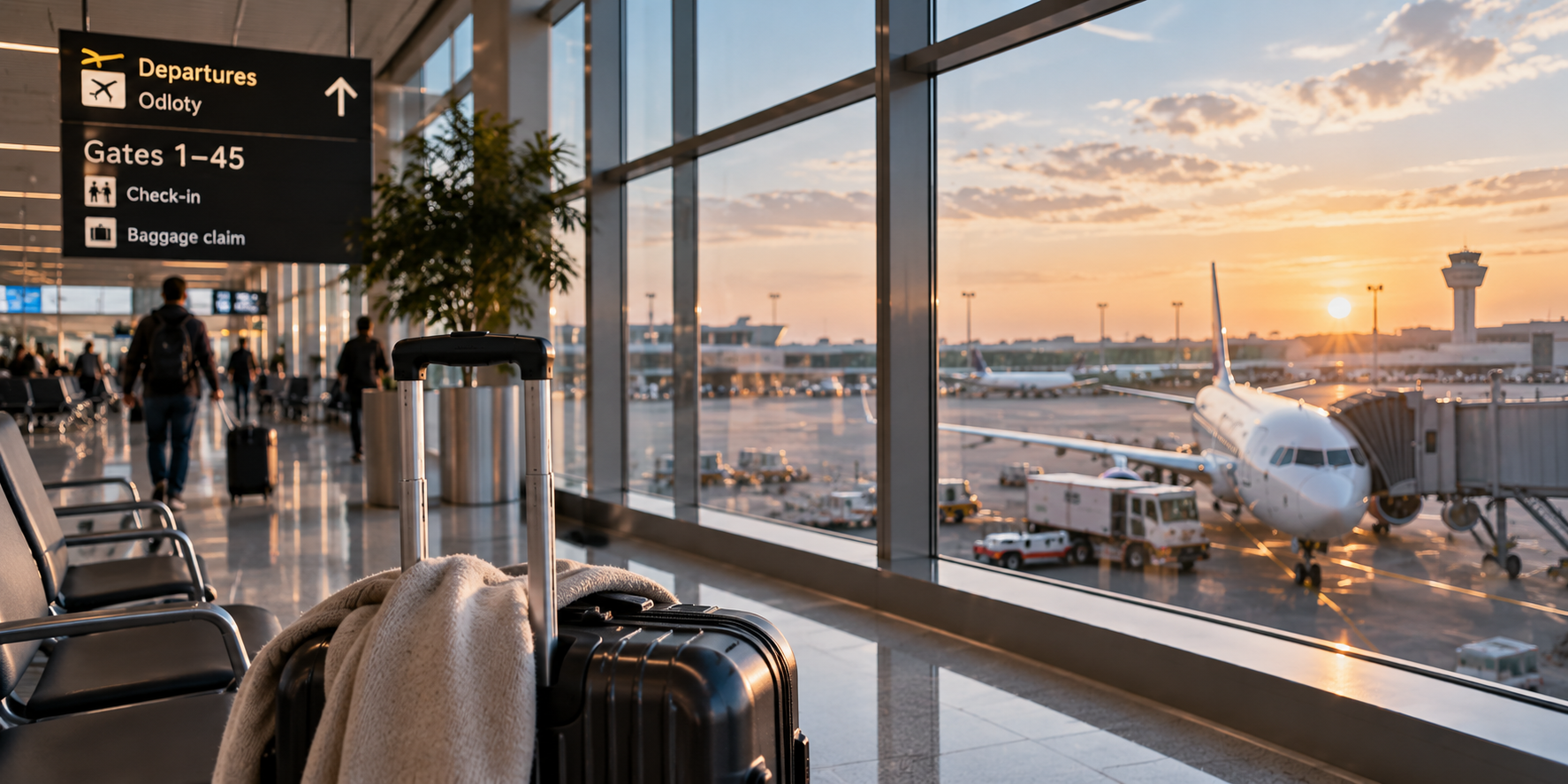 Terminal lotniska z samolotem i walizką przed podróżą